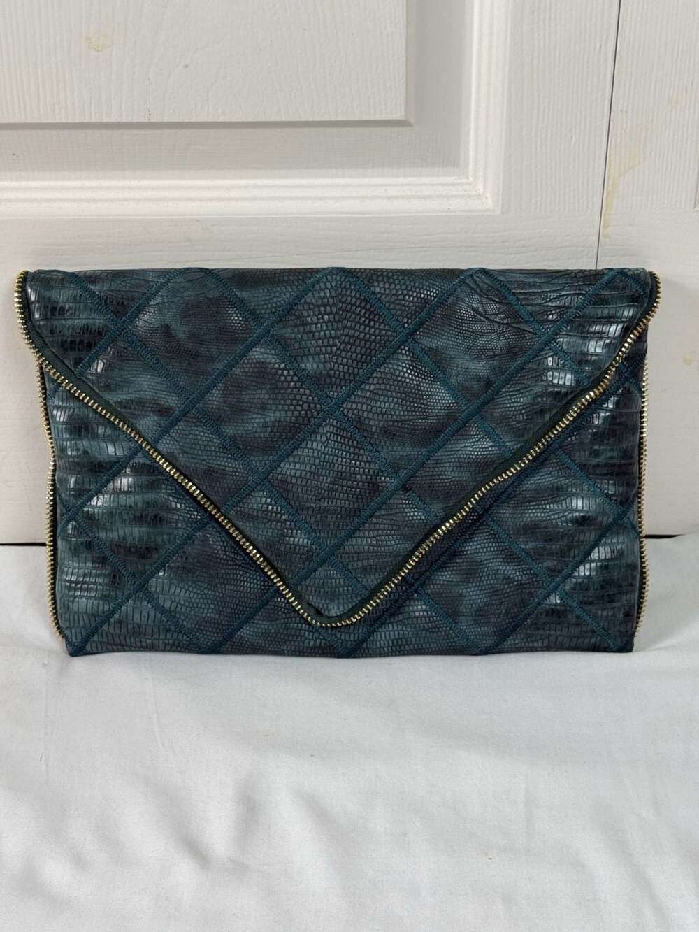 Chicob's Teal Faux Snakeskin Envelope Clutch Foldover Zip Trim Oversized Bag